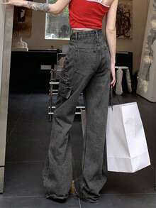 女士休闲宽松工装牛仔裤 - 深灰色 - 查看 2