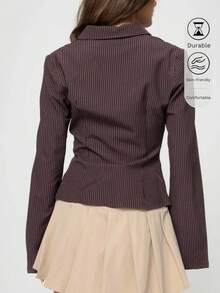 Women's Casual Striped Brown Button-Up Long Sleeve Shirt, All-Over Printed Blouse For Spring/Autumn - Brown - View 6
