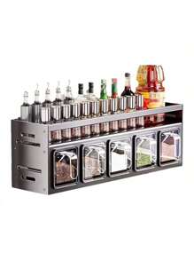 1个壁挂式调料架收纳架 - 铝镁合金材质，防锈，无需充电，免钻孔安装，包含调料罐和储物罐，适用于厨房收纳