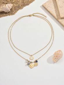 YUZENG 1入組雙層可疊式不鏽鋼歐美風自然石項鏈女性日常時尚配飾 - 金黃色 - 查看 4