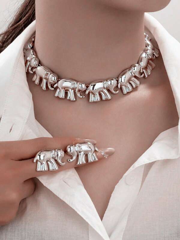 1 Set European & American Style Exaggerated Vintage Elephant Design Women Necklace & Earrings Set