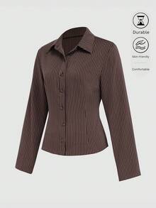 Women's Casual Striped Brown Button-Up Long Sleeve Shirt, All-Over Printed Blouse For Spring/Autumn - Brown - View 4