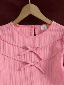 Left Mama Vestido de manga corta con lazo de unicolor elegante y dulce para niñas preadolescentes - Rosa - Ver 3