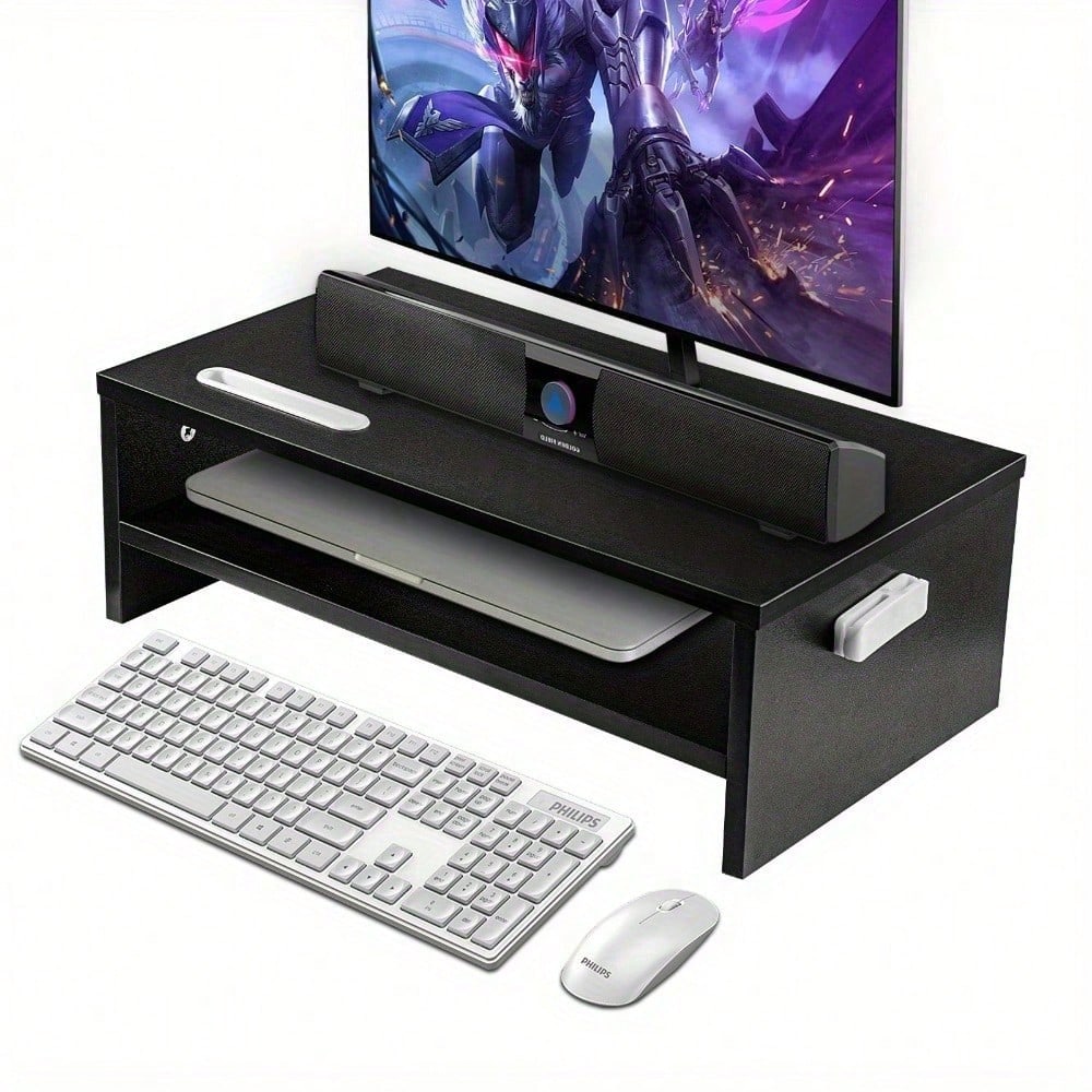 Wood Monitor Stand Riser With Smartphone Holder, 2 Tier Storage, Cable Management For Computer, Notebook, IMac, Black