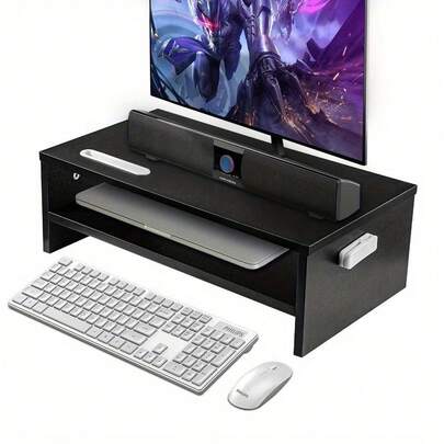 Wood Monitor Stand Riser With Smartphone Holder, 2 Tier Storage, Cable Management For Computer, Notebook, IMac, Black