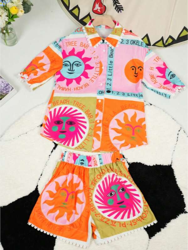 Conjunto de camisa y shorts con cuello con volantes, versátil y casual, para mujeres