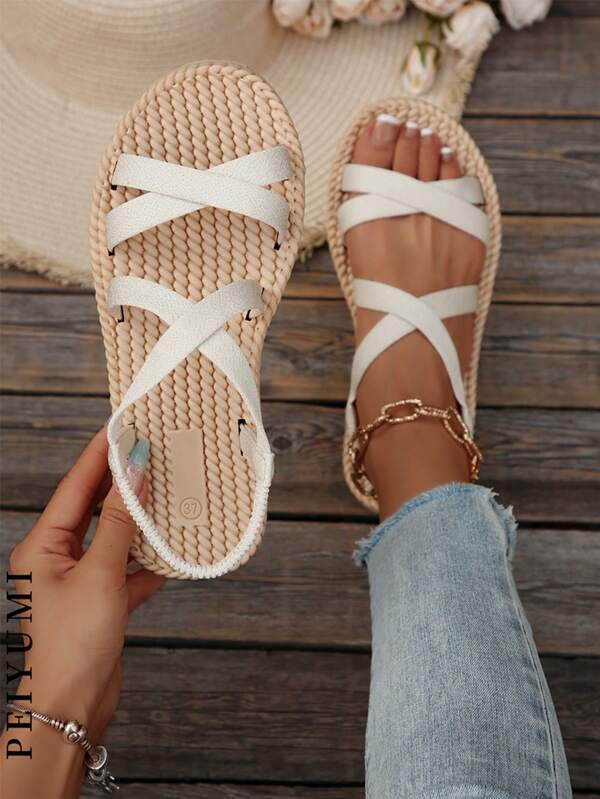 PEIYUMI 2025 Spring/Summer New Fashionable Breathable Sandals, Round Toe Open Toe Non-Slip Soft Flat Cross-Tied Retro Casual Beach Roman Sandals