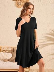 Women's Shirt Dress Short Sleeve Spring Summer Casual Loose Flowy Swing Midi Tunic Dresses - Black - View 5