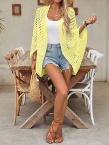 Cárdigan de mujer ligero con calado para el verano, de corte abierto, de moda para la playa y las vacaciones - Amarillo - Ver 3