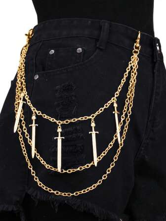 1pc Women Multilayer Metal Chain Long Sword Charm Pants Chain, Alloy Fashion Versatile Accessory For Jeans & Skirts, Daily Use Summer, School