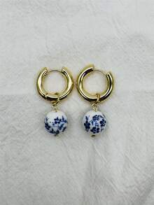 1 Pair Elegant Multicolor Chinese Ceramic Flower Fashion Luxury Women Earrings, Women's Fashion Accessory - Multicolor - View 4