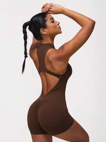 Sodalemon 女士拉链连体瑜伽裤，蜜桃臀露背，健身连体裤 - 咖啡棕 - 查看 4