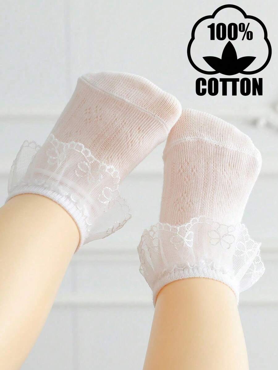 1 Pair Princess Style Girls' Soft & Breathable 100% Cotton Lace Trim Socks - White - View 1