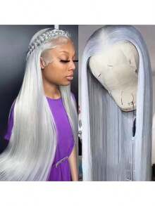 Silver Grey Straight Lace Front Wigs 100% Human Hair 13x4 Transparent HD Lace Frontal Wig Preplucked Gray Colored Wigs 220% Density - Grey - View 7