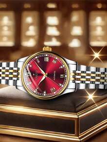 1pc Women's Stainless Steel Strap With Red Dial, Compact Round Face Design, Versatile, Elegant, Fashion, Luxury Automatic Mechanical Wristwatch - Red - View 2