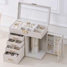 CASEGRACE 1pc Large Capacity Jewelry Box For Women, 360° Rotation PU Leather Jewelry Storage Case , 6 Tier 5 Drawers Clear Lid Jewelry Storage Organizer - Perfect For Rings, Earrings, Necklaces & Bracelets, Gift For Women, Girlssummer Storage Organizer Gift Back To School