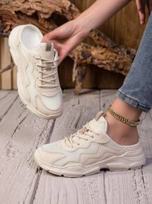 1 Pair Teens' Half-Heel Chunky Sneakers, Breathable Mesh Upper, Non-Slip Sole, Lace-Up Contrasting Color Design, Stylish & Versatile Casual Sneaker