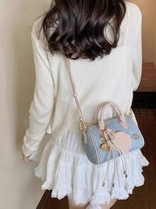 复古荔枝纹 PU 保龄球包，休闲手提包单肩包斜挎包枕头包，适合秋冬季上班通勤 - 藍色 - 查看 2