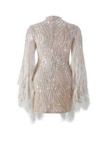 Nuevo vestido elegante de gala blanco para mujer con detalles de lentejuelas y plumas, sofisticado para eventos de banquete