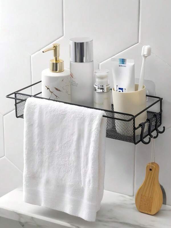 1 Stück Badezimmerregal, wasserdichtes Toiletten-Waschtisch-Lagerregal, Badezimmer-Waschtischorganizer, Küchengewürzflaschenhalter, ohne Bohrung Installation mit 2 Klebebändern, wasserdicht, hohe Tragfähigkeit, ordentlich und praktisch, Badezimmerregal - Papierhalter, mit Haken, perforierte Ablaufdesign, mit Tuchhalter