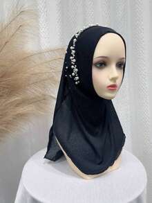 1pc Girls Beaded Solid Color Soft Headscarf, Comfortable Loose Fit Hijab Scarf - White Beaded Headscarf - View 14