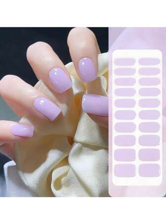 1 Box Natural UV Gel Nail Stickers, Long-Lasting Classic Solid Purple Color, Semi-Cured, 20 Finger Nail Gel Stickers, Easy To Apply And Remove