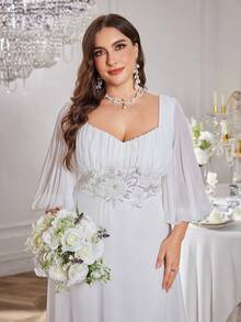 UNITHORSE 灯笼袖亮片刺绣装饰褶皱雪纺婚纱，全白派对装女士 - 白色 - 查看 3