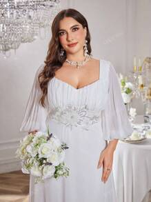 UNITHORSE UNITHORSE Lantern Sleeve Sequin Embroidery Decor Pleated Chiffon Wedding Dress, All White Party Outfit Women