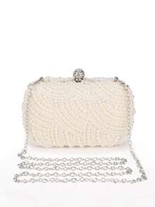 Bolso de mano estilo clutch de noche con perlas, con cierre de gancho, adornado con cristales, para boda, cena o fiesta, bolso de noche elegante para mujer, color blanco