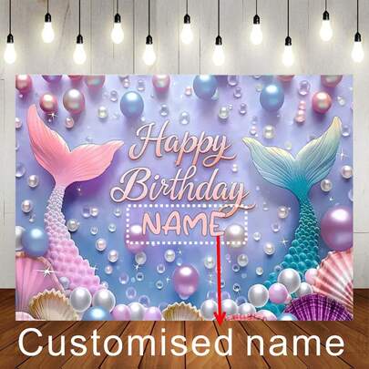 1 pieza Fondo personalizable con nombre de tema de sirena para fiesta de cumpleaños, tela con degradado, cola de pez, diseño de conchas con perlas falsas, nombre personalizado, decoración para fiesta de cumpleaños, baby shower, smash cake, fotografía, banner de vinilo, actividades artísticas para niños