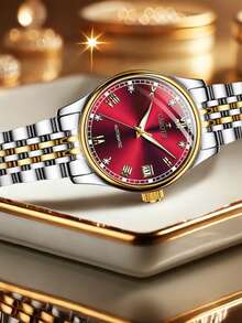 1pc Women's Stainless Steel Strap With Red Dial, Compact Round Face Design, Versatile, Elegant, Fashion, Luxury Automatic Mechanical Wristwatch - Red - View 4