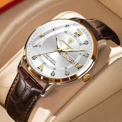 Business Leather Belt Men's Watch 50M Waterproof Classic Business Formal Brown Leather Strap Gift Watch Accurate Timekeeping With Built-In Imported Quartz Movement Crystal Diamond Scale International Standard English Calendar Gifts Men Birthday Souvenirs Back To School Essentials