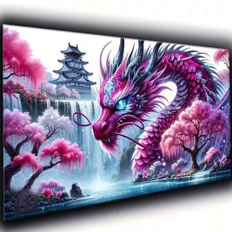 A Colorful Dragon Waterfall Scene With Flowers, A Single DIY Diamond Painting Featuring Animals And Birds For Home Decoration. This Cross-Stitch Kit Includes A Full Round Diamond Mosaic Embroidery Measuring .