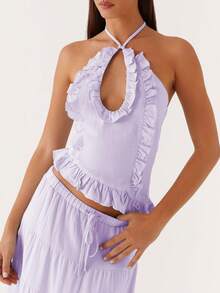 Crossover Halter Neck Ruffle Top For Women Tie Up Sleeveless Backless Top Summer Hollow Out Ruffled Vest For Club Party Beach Wear - Purple - View 2
