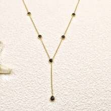 1pc 18K Gold Plated Stainless Steel Y-Chain Necklace With Black Zirconia Water Drop Tassel Pendant, Fashion Jewelry Suitable For Women's Daily Wear Or Holiday Gifts