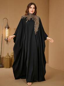 SUPGIR Plus Women's Mandarin Collar Batwing Sleeve Sequin Patchwork Satinn Temperament Elegant Slim-Fitting Evening Dress - Black - View 4