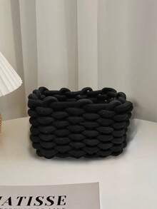 1 Buah Kotak Organizer Kosmetik Putih Anyaman Tangan dengan Tali Tebal untuk Kuas Makeup & Produk Perawatan Kulit, Tas Makeup, Perlengkapan Perjalanan - Hitam - View 2
