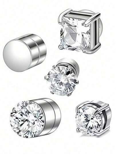 Stainless Steel Magnetic Cubic Zirconia Stud Earrings For Men And Women, Hypoallergenic Non-Perforated, 5-8mm Double Sided Magnet Flat CZ Magnetic Clip Earrings Are Suitable For Daily Travel, Weddings, Dates, Parties And Other Festivals