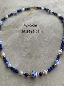 1 pieza Collar de piedra natural con flor de cerámica y perlas falsas, estilo bohemio, collar de cerámica azul, adecuado para uso diario de mujeres, citas, fiestas, vacaciones en la playa, regalo de joyería