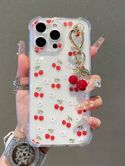 1pc Transparent Solid Color Protective Phone Case With Camera Cover And Cute Cherry Pattern, Includes Cherry Pendant Charm, Compatible With IPhone 17/17 Air/17 Pro/17 Pro Max/16/16 Pro/16 Plus/16 Pro Max/15/14/13/12/11/13, 14 Pro Max, 11 - Soft TPU Shock-Proof Protective Cover