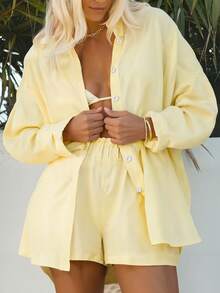 Women Regular Yellow Cream Casual Resort Loose Comfy Commute Single-Breasted Button-Up Shirt & Wide-Leg Shorts Set - Yellow - View 5