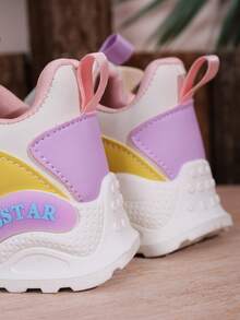 1 par de zapatillas informales con diseño de bloques de color en PU para niñas, sencillas y de moda, zapatos suaves y cómodos adecuados para niñas pequeñas, apropiados para uso diario, escuela, deporte, todas las estaciones - Morado - Ver 11