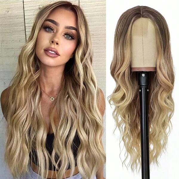 26in Gradient Golden Long Curly Wig Female Lace Wig Chemical Fiber Headpiece Lace Wigs