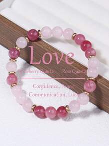 YAUKIA Love Crystal Bracelet - 8mm Rose Quartz & Strawberry Quartz Good Luck, Confidence, Healing Natural Crystal Bracelet, Pink Crystal Boho Jewelry Gift