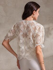 Ladies Eye-Catching Lace Top With Lantern Sleeves And Cinched Waist - Apricot - View 6