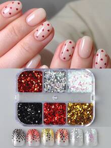 6 格红心闪亮鲍鱼壳美甲片 3D 可爱美甲闪光亮片指甲饰物装饰美甲配件