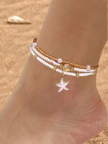 3 件/套女孩海星和贝壳串珠脚链，多层简约时尚脚链套装 - 彩色 - 查看 5