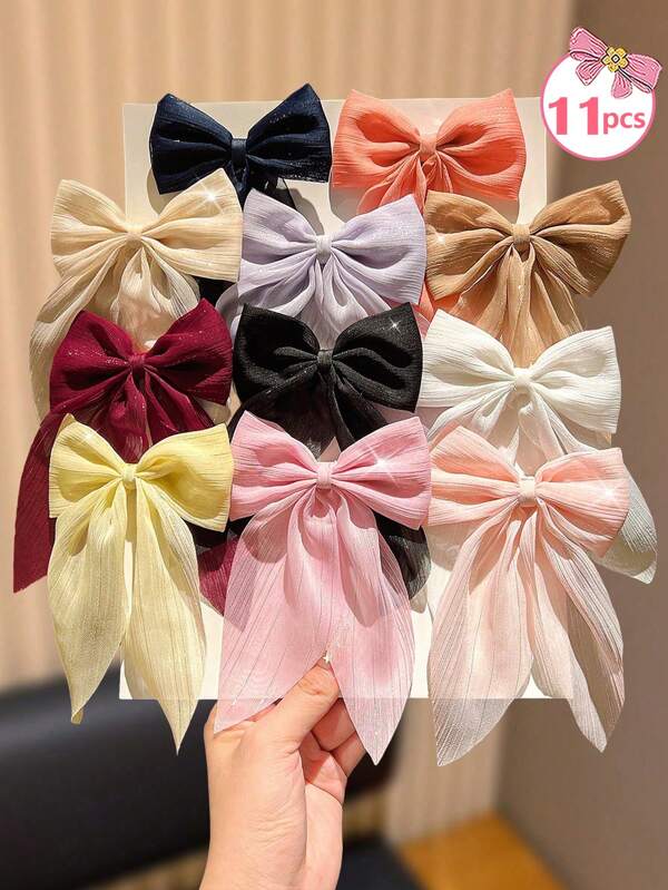 11pcs Multi-Color Ribbon Bow Hair Clips, Suitable For Casual Daily Wear, Cute For Girls, Fashion Girl Hair Accessories