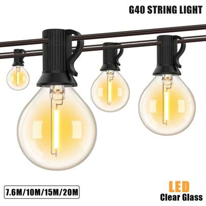 Luces de guirnalda de 7,6m, 10m, 15,2m, 19,8m con bombillas de vidrio vintage G40 E12 de 1W, color blanco cálido 2200K, regulables, conectables, IP44 resistentes al agua, para decoración de jardín, patio, área exterior