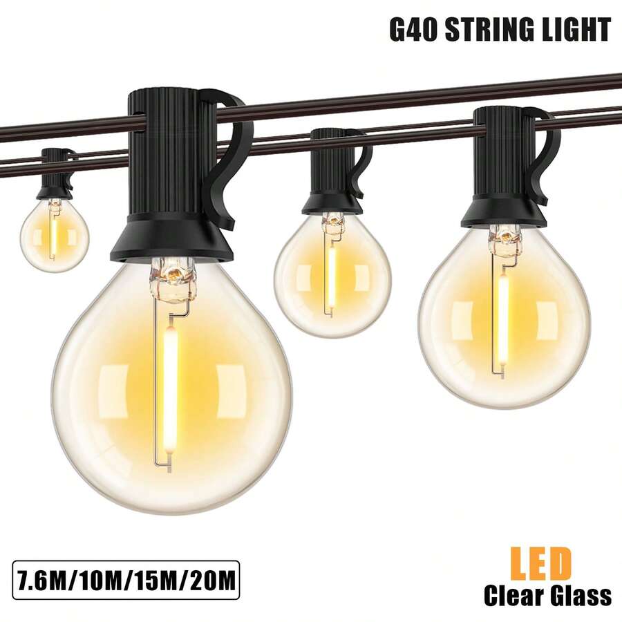 25pés 33pés 50pés 65pés Luzes de Cordão LED G40 Soquete E12 Lâmpada de Vidro Vintage G40 1W Globo Branco Quente 2200K Dimmerizada Conectável IP44 À Prova d'Água Decoração Guirlanda Área Externa Jardim Quintal Luz Suspensa
